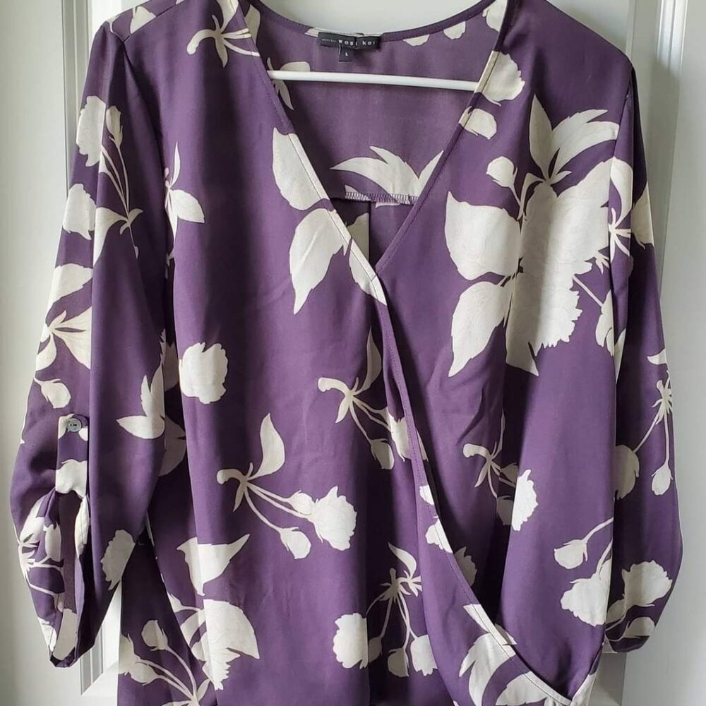 Purple Floral Faux Wrap Top - Wast Kei - size L